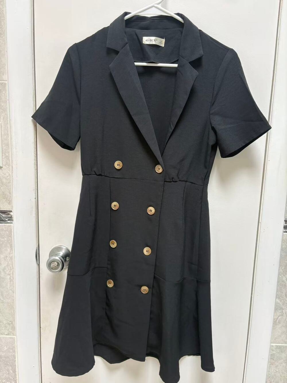 AS-BCN Women Black Double Breasted Blazer Dress Short Sleeve Office Work XS